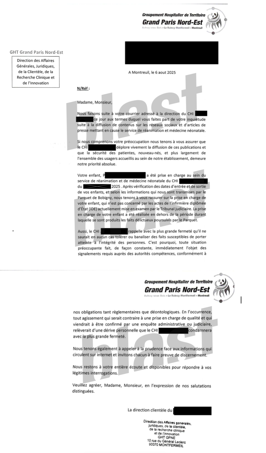 Extraits du courrier type envoyé par la « direction clientèle » de l’hôpital André Grégoire.