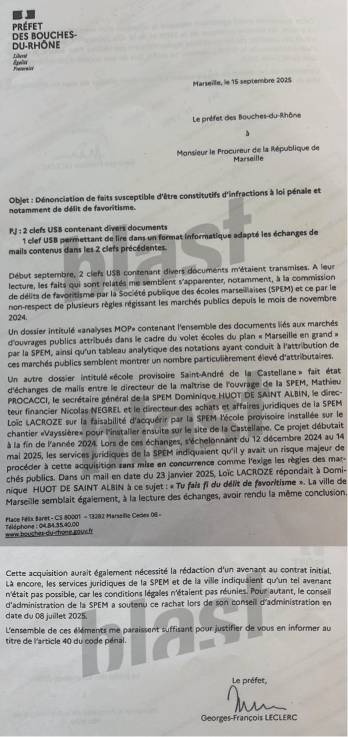 Le 15 septembre 2025, le préfet Leclerc alerte le procureur de Marseille de graves dysfonctionnements au sein de la société publique en charge de la rénovation des écoles (la SPEM).