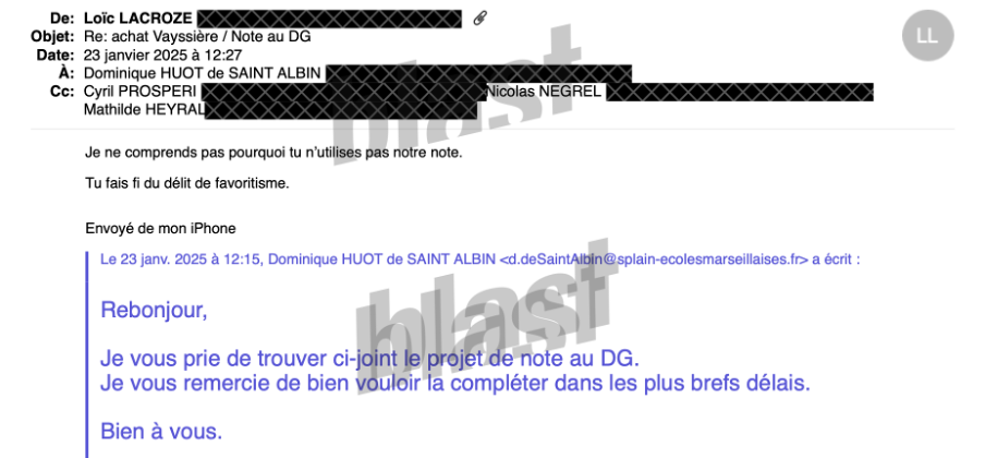 Le 23 janvier 2025, dans cet mail échangé entre les membres de la direction de la SPEM, de vilains mots sont lâchés : « délit de favoritisme »...