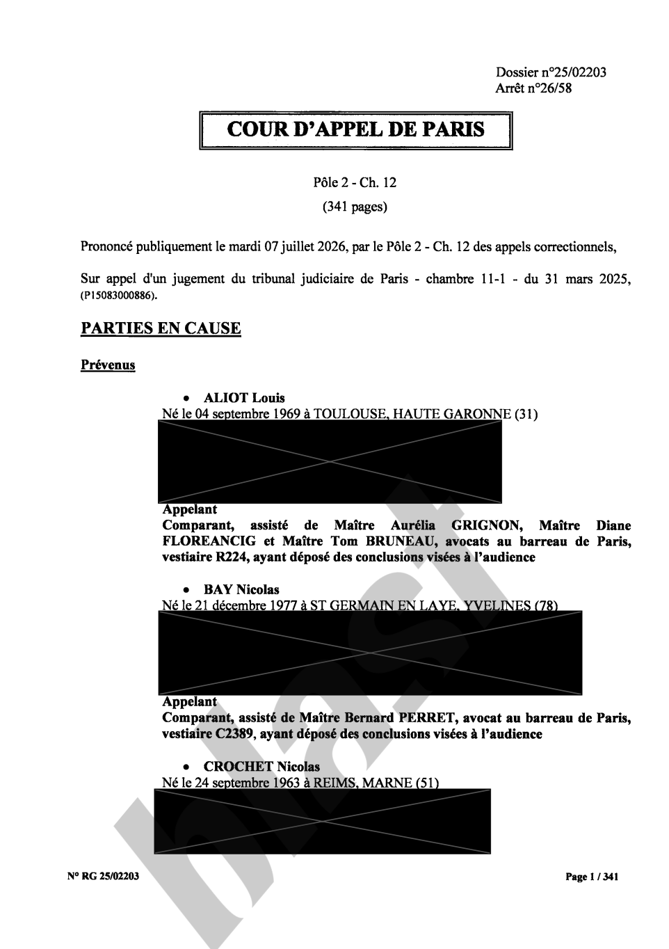 Première page de l'arrêt de l’affaire dite « des assistants parlementaires du Front National ».